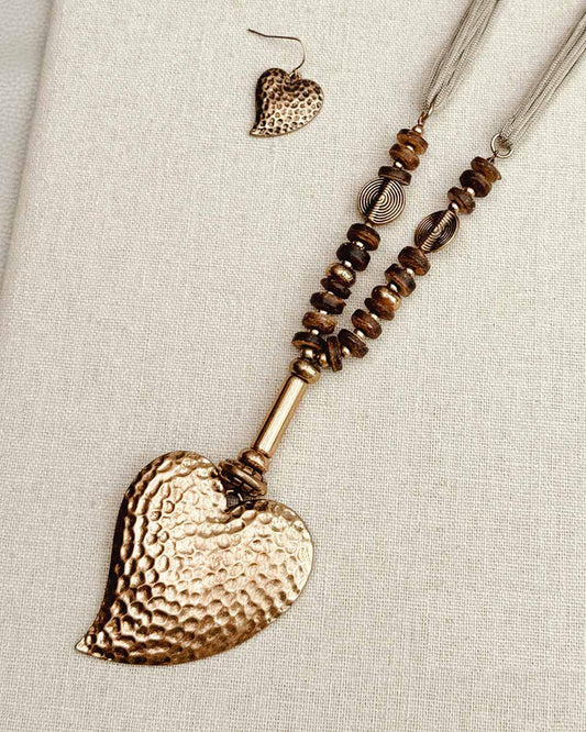 24-1295 Antique Gold Hammered Heart Pendant Necklace Set