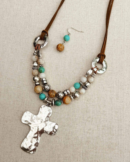 24-2242 Antique Silver Hammered Cross Pendant Necklace Set