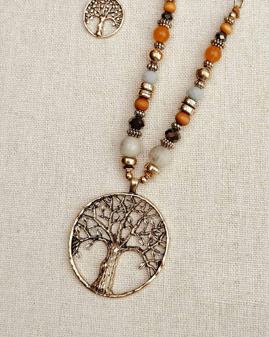 24-3047 Antique Gold Mix Bead Tree of Life Pendant Necklace Set