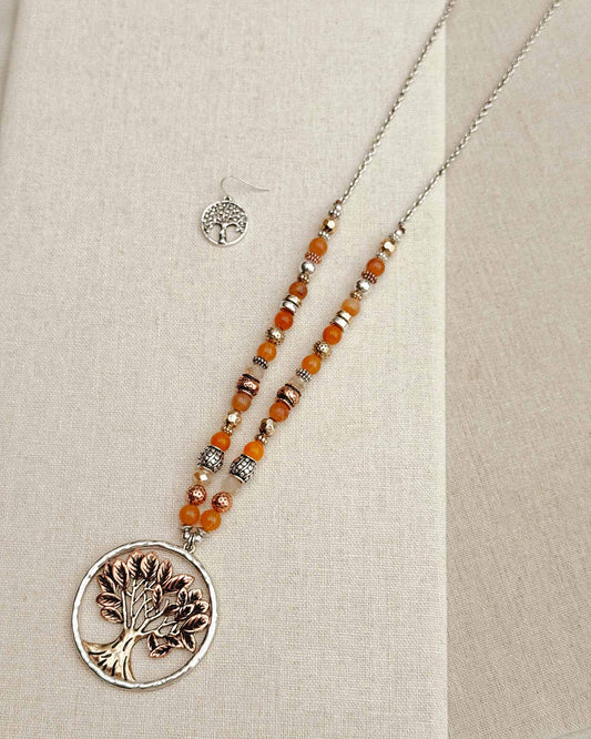 24-3079 Antique Mixed Tone Beaded Tree of Life Pendant Necklace Set