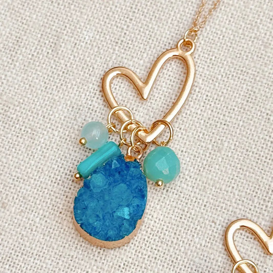 8-0330 Gracie Rose Colorful Druzy Quartz Cluster Heart Pendant Necklace