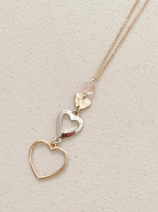 8-5890 Gracie Rose Pink Glass Double Heart Necklace – Mixed Metal
