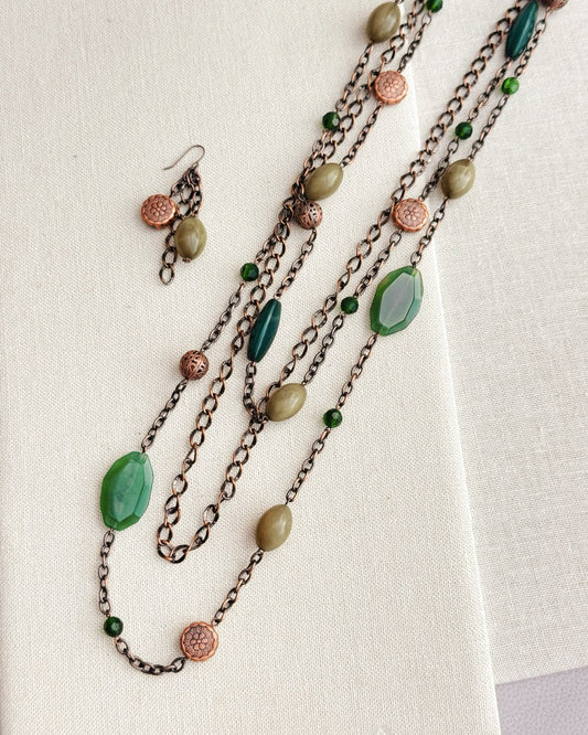 6-7233 Antique Copper & Green Beaded Layers Long Necklace Set