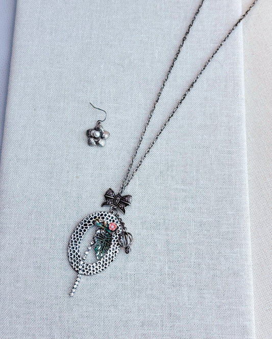 27-23265 Silver-Tone Oval Romantic Floral Pendant Necklace Set