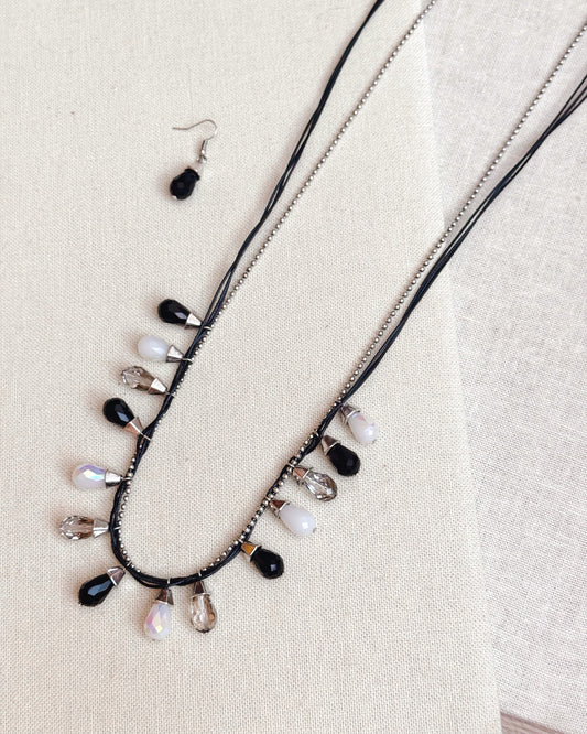 33-99519 Black & Silver Layered Crystal Drops Long Necklace Set