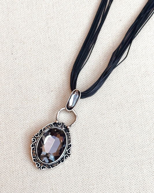 24-13320 Black Cord Antique Silver Rhinestone Pendant Necklace