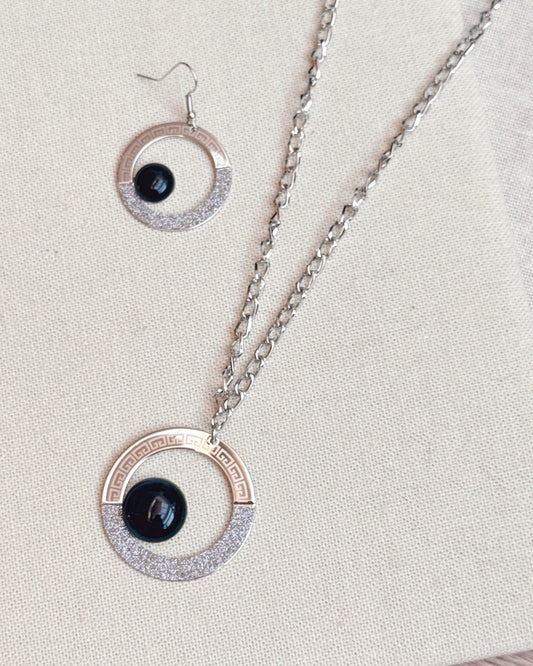 25-1136 Rhodium Sparkly Mixed Texture Hoop Pendant Necklace Set