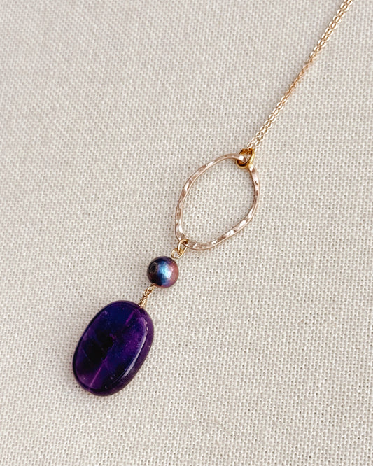 8-6778 Gracie Rose Gold Freshwater Pearl Drop Amethyst Necklace