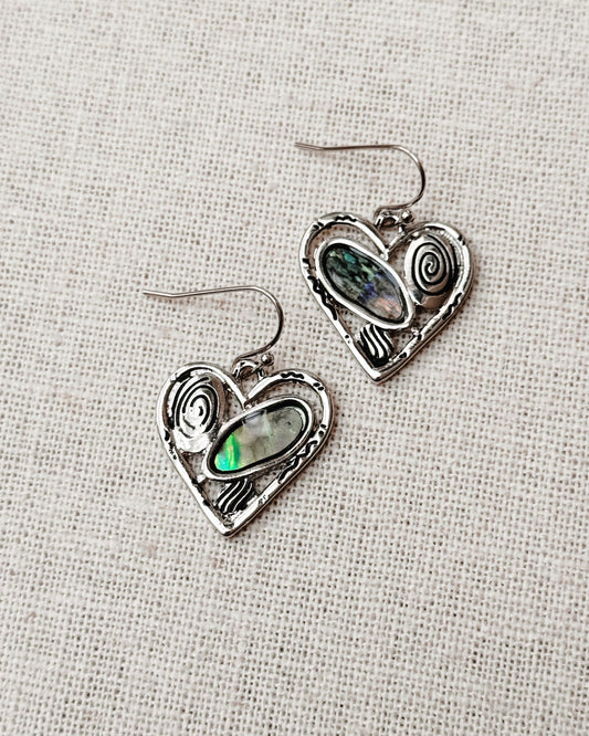 24-5750 Antique Silver Abalone Shell Inlay Heart Dangle Earrings