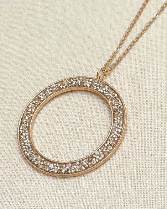 2-70891 Gold Rhinestone Circle Outline Pendant Necklace Set