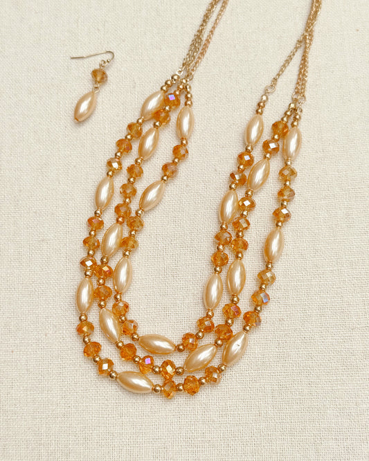 18-15302 Amber Beaded Multi-Strand Necklace & Earring Set