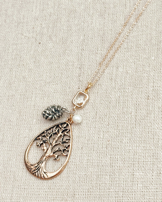 8-5414 Gracie Rose Gold Tree & Pine Cone Cluster Pendant Necklace