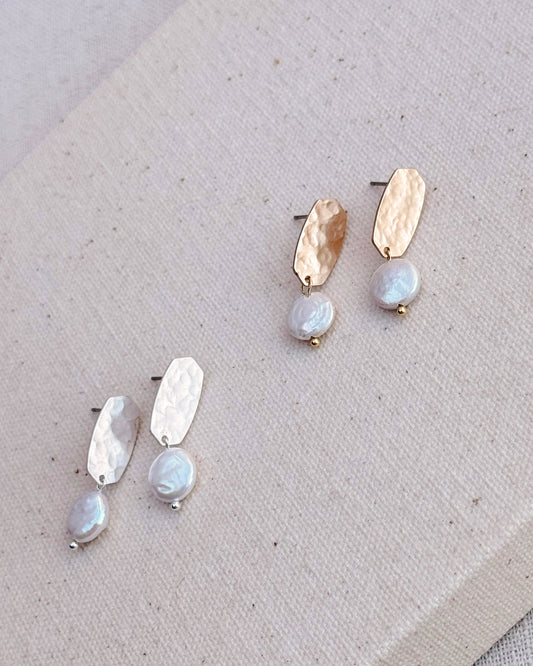 8-4122 Gracie Rose Hammered Stud Coin Pearl Drop Earrings