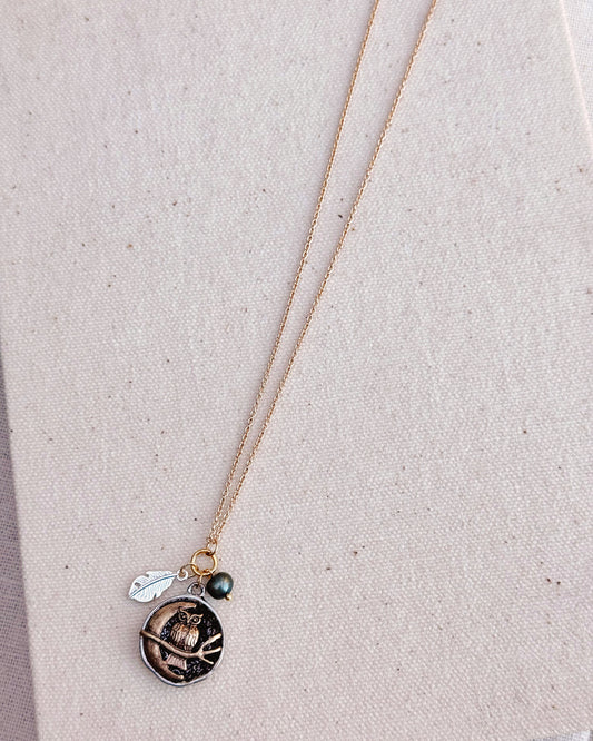 24-4846 Gracie Rose Owl and Moon Pearl Talisman Charm Necklace