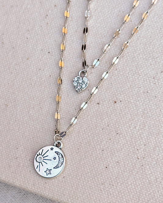 2-1587 Gracie Rose Sun Moon Heart Double Charm Layered Necklace