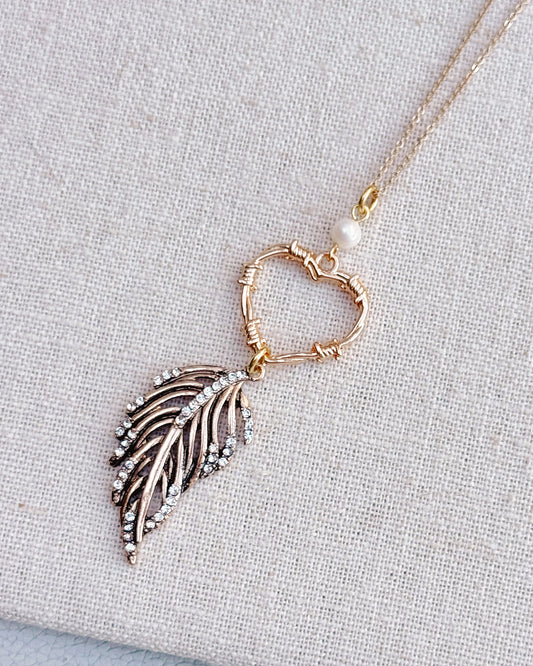 8-4123 Gracie Rose Gold Heart & Rhinestone Feather Pendant Necklace