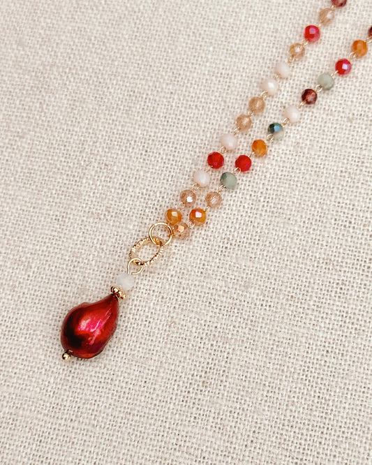 8-7842 Gracie Rose Crystal Beaded Necklace – Red Pearl Drop