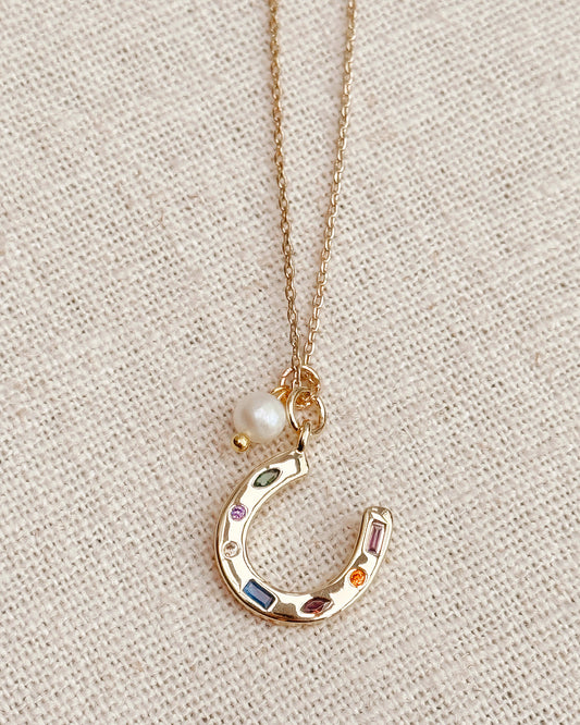 8-7844 Gracie Rose Gold Horseshoe Charm Necklace with Freshwater Pearl