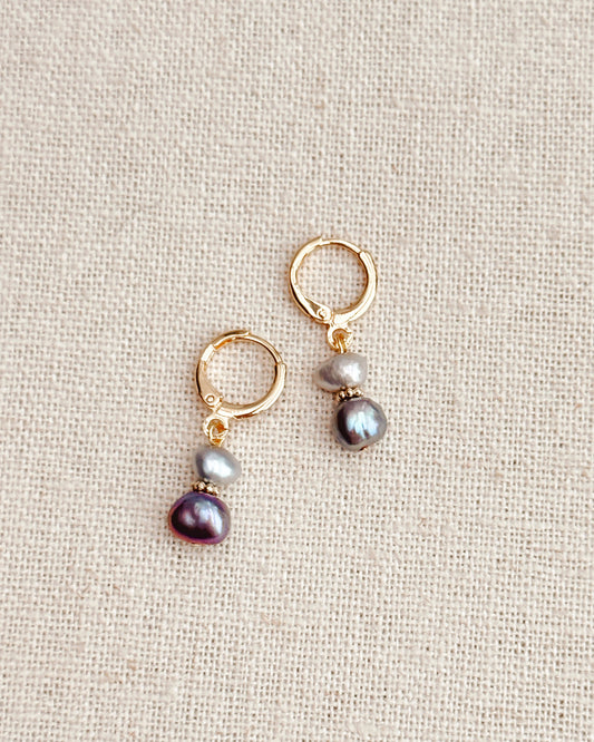 8-7892 Gracie Rose Gold & Grey Freshwater Pearl Drop Huggie Earrings