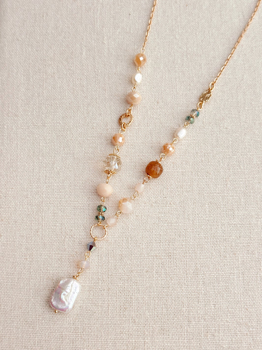 8-9298 Gracie Rose Crystal & Semi-Precious Beaded Necklace with Freshwater Pearl Drop