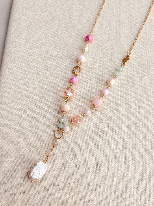 8-9298 Gracie Rose Pink Crystal Beaded Necklace with Freshwater Pearl Drop