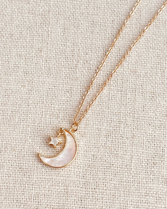 8-6111 Gracie Rose Cubic Zirconia Shell Moon & Star Charm Necklace