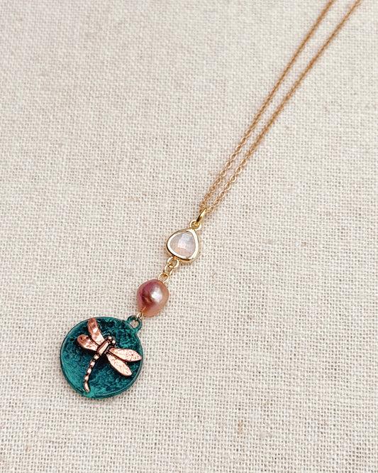 24-4845 Gracie Rose Patina Dragonfly Gemstone Pendant Necklace