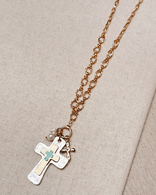 24-1779 Gracie Rose Two Tone Cross Cluster Charm Necklace