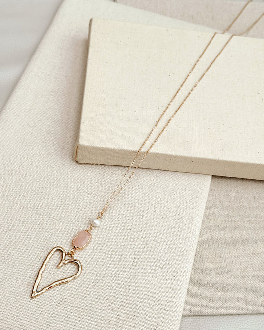 8-4583 Gracie Rose Gold Rose Quartz & Freshwater Pearl Open Heart Necklace