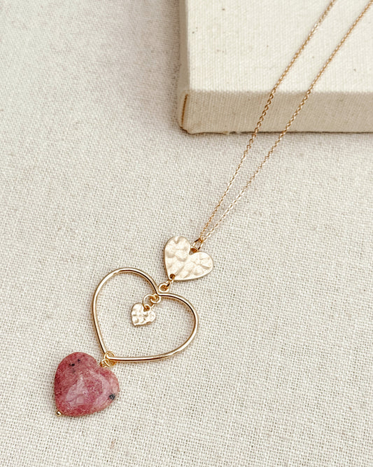 8-5549 Gracie Rose Rhodonite Heart Charm Necklace – Gold Layered Heart Jewelry