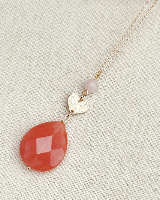 8-3274 Gracie Rose Rose Quartz & Cherry Quartz Teardrop Necklace – Gold Gemstone Pendant
