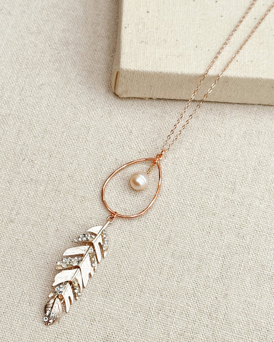 2-6142 Gracie Rose Rose Gold Feather Pendant Necklace with Rhinestones & Pearl
