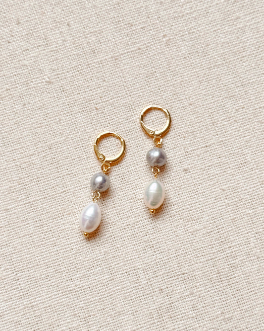 8-1220 Gracie Rose Gold Freshwater Pearl White & Grey Drop Huggie Earrings