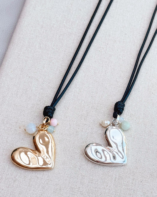 3-8663 Gracie Rose Mixed Semi-Precious Heart Pendant Necklace (Gold & Silver, Black Cord)