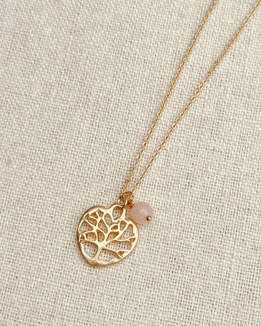 33-99747 Gracie Rose Rose Quartz Tree of Life Heart Charm Necklace