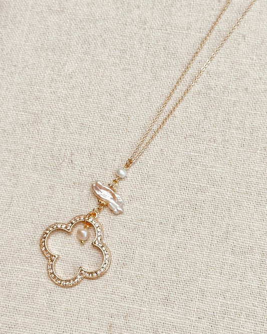 2-20027 Gracie Rose Keshi Pearl Clover Rhinestone Pendant Gold Necklace