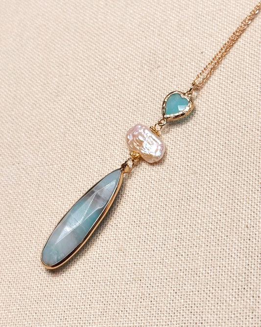 8-5045 Gracie Rose Blue Heart & Amazonite Drop Pendant Necklace