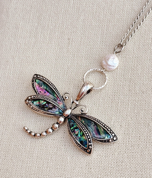 8-80774 Gracie Rose Abalone & Freshwater Pearl Large Dragonfly Necklace