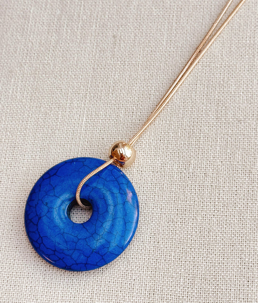 8-80775 Gracie Rose Blue Howlite Donut Pendant Long Gold Necklace