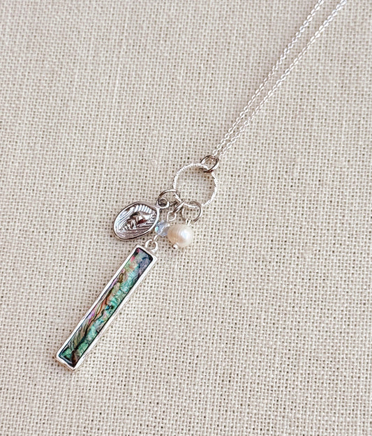 8-0213 Gracie Rose Silver Abalone Bar Pendant Necklace