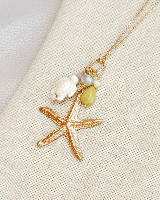 2-8125 Gracie Rose White Starfish Turtle Charm Necklace