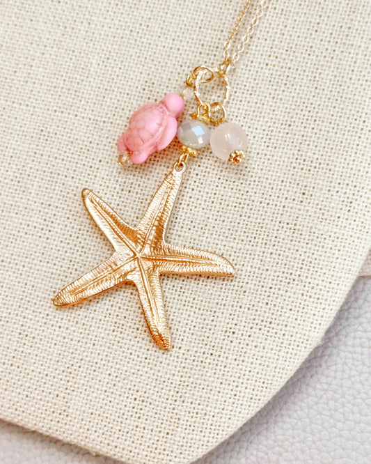 2-8125 Gracie Rose Pink Starfish Turtle Charm Necklace