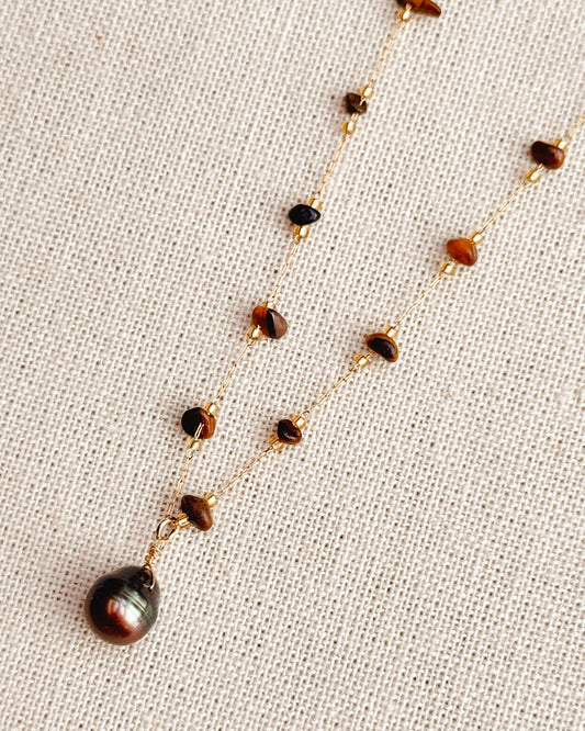 8-4770 Gracie Rose Tiger Eye Pearl Necklace Chocolate Baroque Pearl