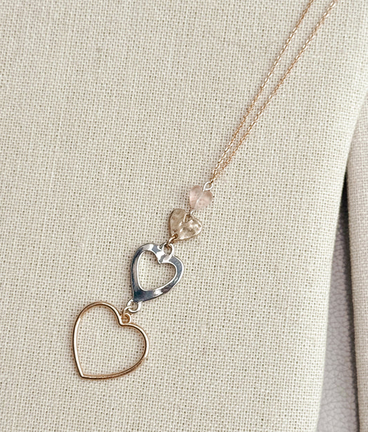 8-5890 Gracie Rose Pink Glass Double Heart Necklace – Mixed Metal