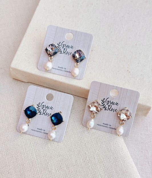 8-1254 Gracie Rose Rhinestone & Freshwater Pearl Stud Earrings (blue, gold or grey)