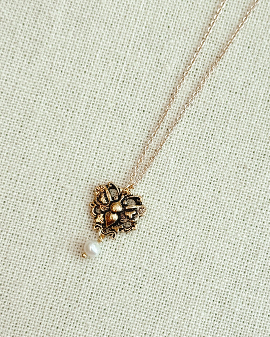 8-1258 Gracie Rose Gold Butterfly Freshwater Pearl Charm Necklace