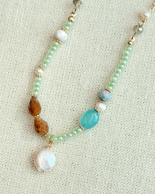8-2021 Gracie Rose Chalcedony and Bead Pearl Pendant Necklace