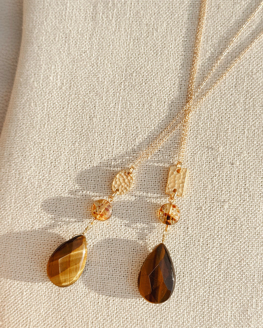 8-3031 Gracie Rose Tiger's Eye Hammered Gold Gemstone Necklace