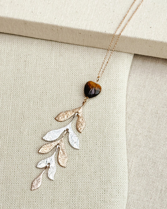 2-4454 Gracie Rose Two Tone Leaf Tiger's Eye Heart Necklace