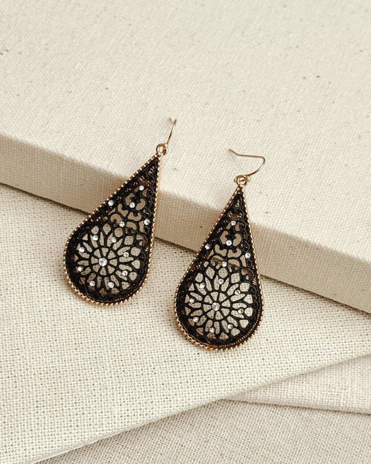 2-8049 Gold Black Lace Filigree Rhinestone Teardrop Earrings